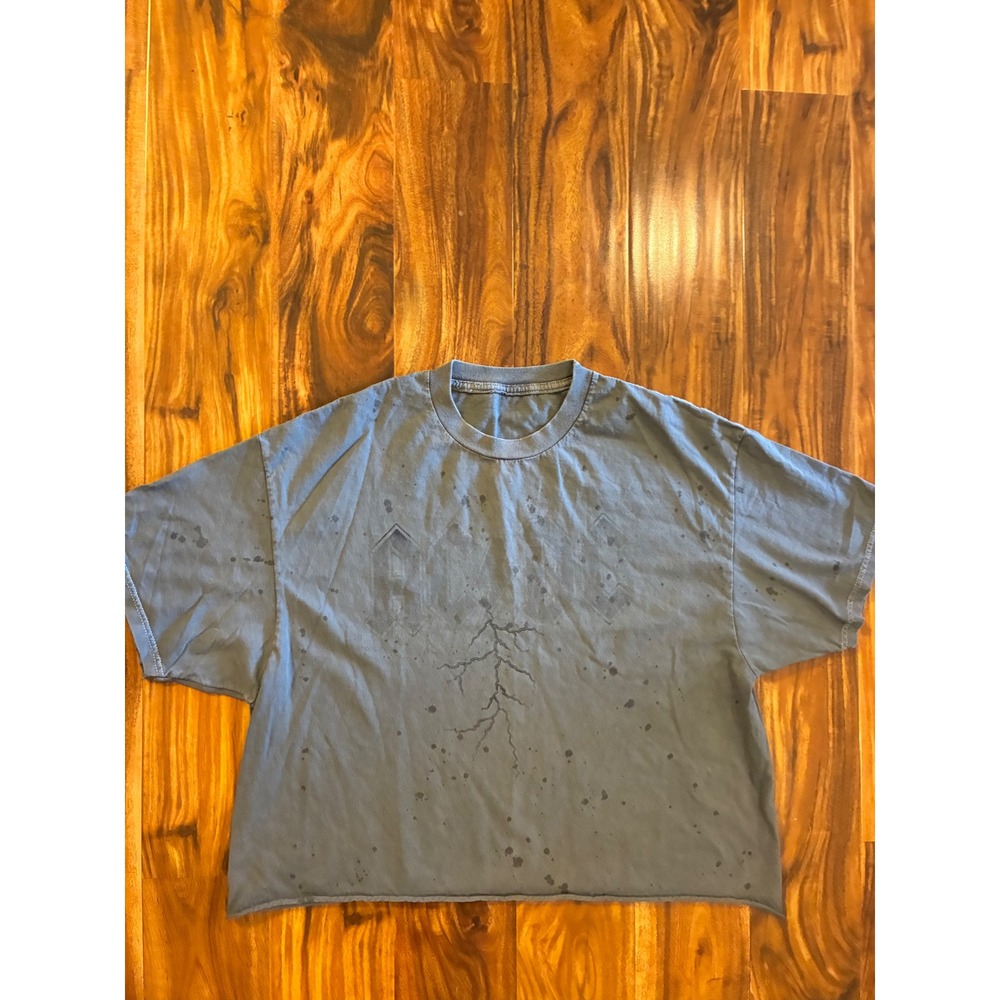 ACDC Graphic T-Shirt Blue Splatter Raw Hem Cropped Boxy Rock Band Tee Mens M